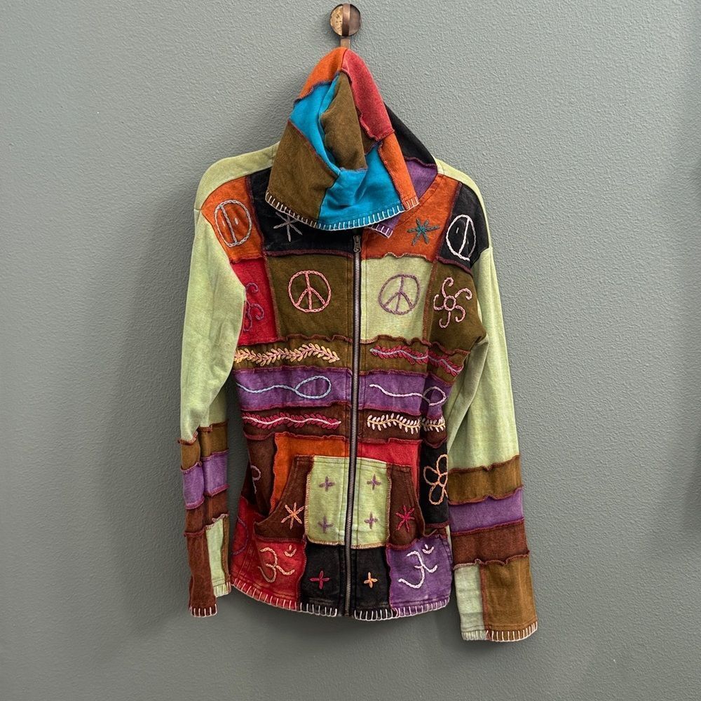 Rising International Sz L Multicolor Patchwork Hoodie Zip Sweater Jacket Pocket